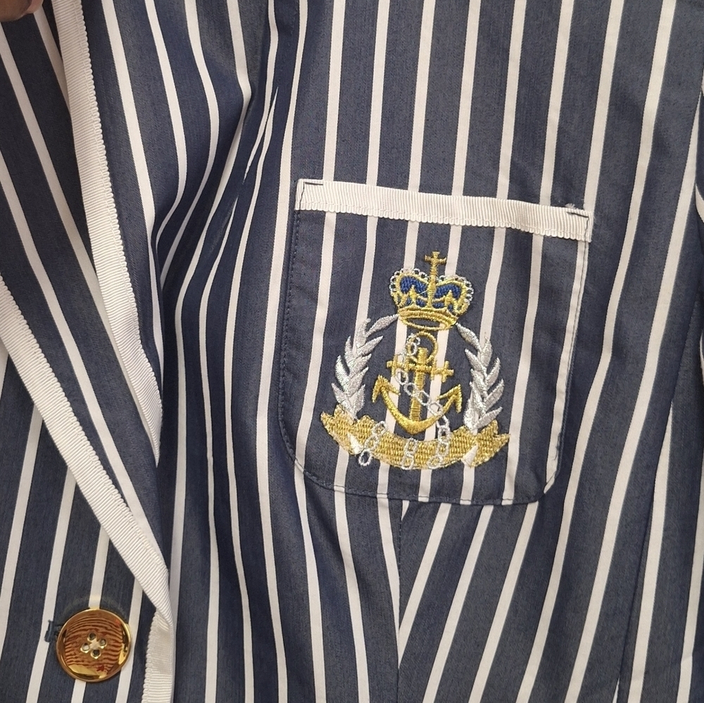 Boston Proper Navy striped two Gold buttons 3 pockets Women's Blazer Size 10 - Picture 8 of 11